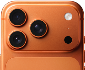 iPhone 17 Pro arancione cosmico mostrato parzialmente da dietro, con sistema di fotocamere Pro nell’angolo in alto a sinistra, 3 obiettivi, microfono e flash